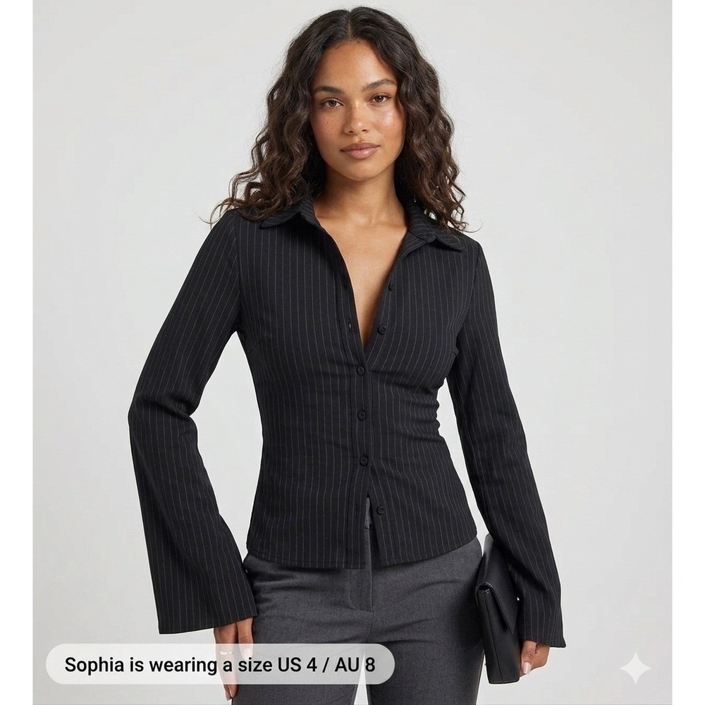 Princess Polly Pinstripe Ann Flare Sleeve Button Up Shirt Black US 8 Officecore